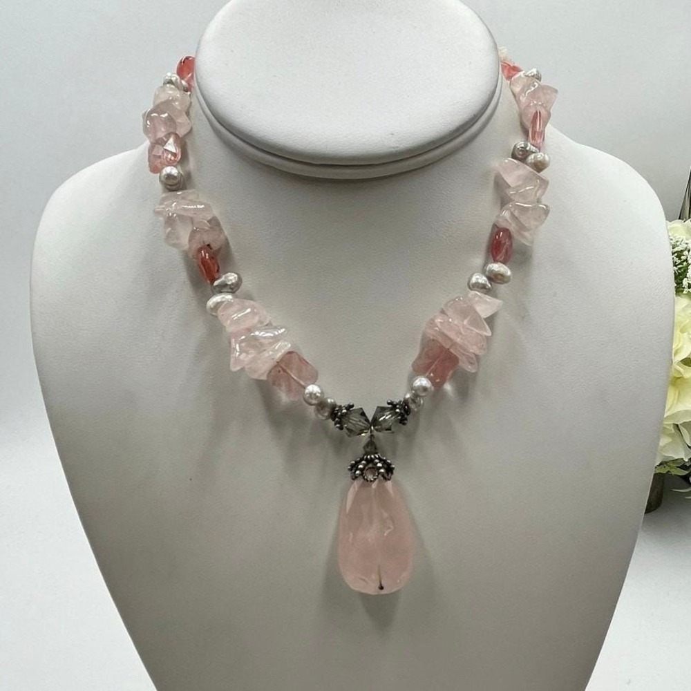 Bejeweled Carroll Dorsey Walker Sterling Silver White Pearl Rose Quartz Necklace